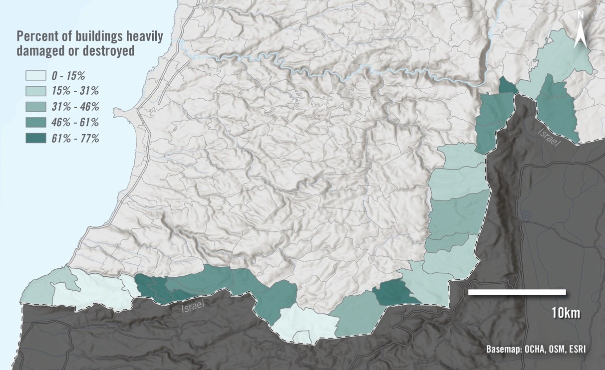 La mappa mostra la percentuale di edifici gravemente danneggiati o distrutti in ciascuna municipalità libanese lungo il confine con Israele, documentata tra il 26 settembre 2024 e il 30 gennaio 2025.