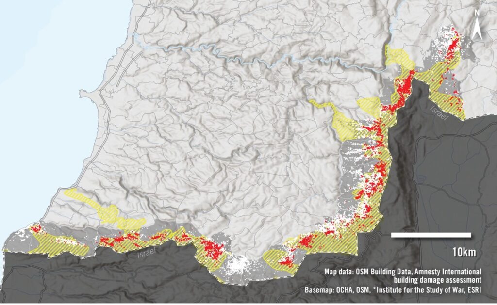 La mappa mostra la valutazione dei danni agli edifici: le strutture gravemente danneggiate o distrutte tra la fine di settembre 2024 e la fine di gennaio 2025 sono in rosso. I poligoni gialli indicano le aree di avanzata israeliana fino a gennaio 2025.