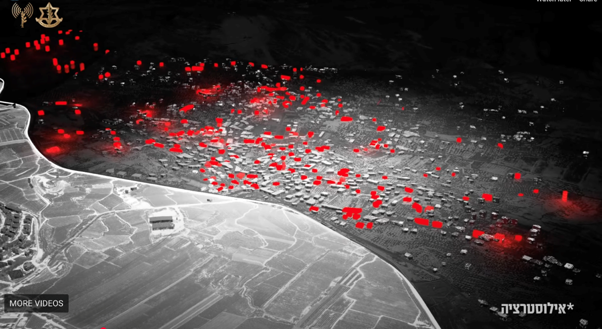 Un’infografica della asserita “infrastruttura terroristica” situata a Kfar Kila, pubblicata dall’esercito israeliano (in alto) e immagini satellitari che mostrano in rosso i dati sugli edifici gravemente danneggiati o distrutti (in basso). Fonte: IDF tramite YouTube e Google Earth.