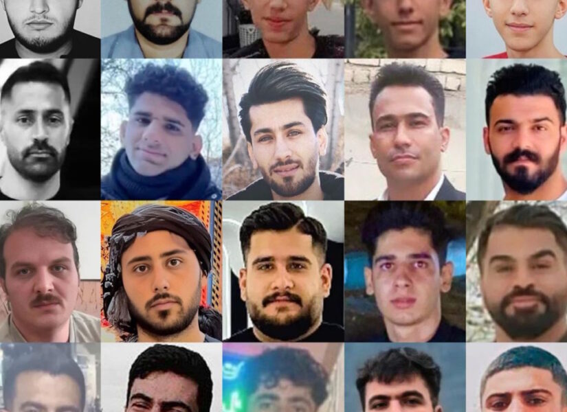 Collage dei ritratti di 28 vittime della repressione delle proteste in Iran