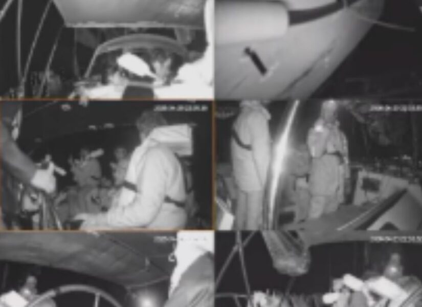 immagini a circuito chiuso mostrano gli attivisti di un'imbarcazione della global sumud flotilla in attesa di essere fermati dall'esercito israeliano.