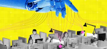 mano robotica con fili sopra persone al computer
