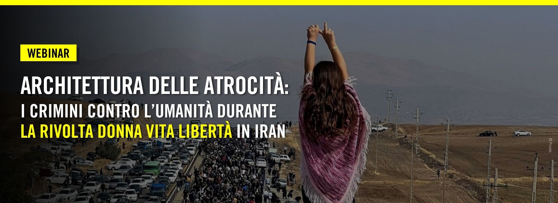 Iran copertina per webinar con ragazza di spalle che protesta
